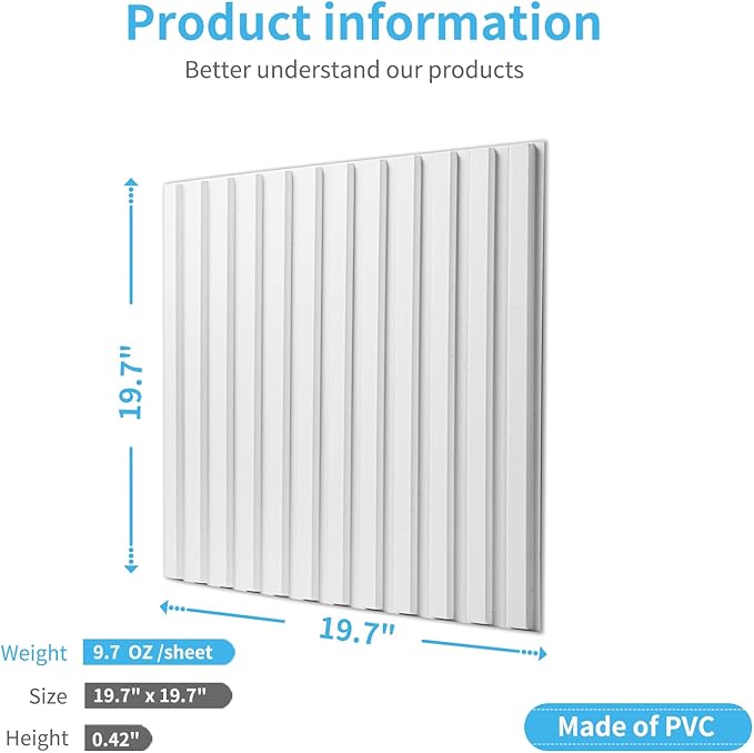 Art3d Slat Wall Panel, 3D Fluted Textured Panel 12-Tile 19.7 x 19.7in. - White