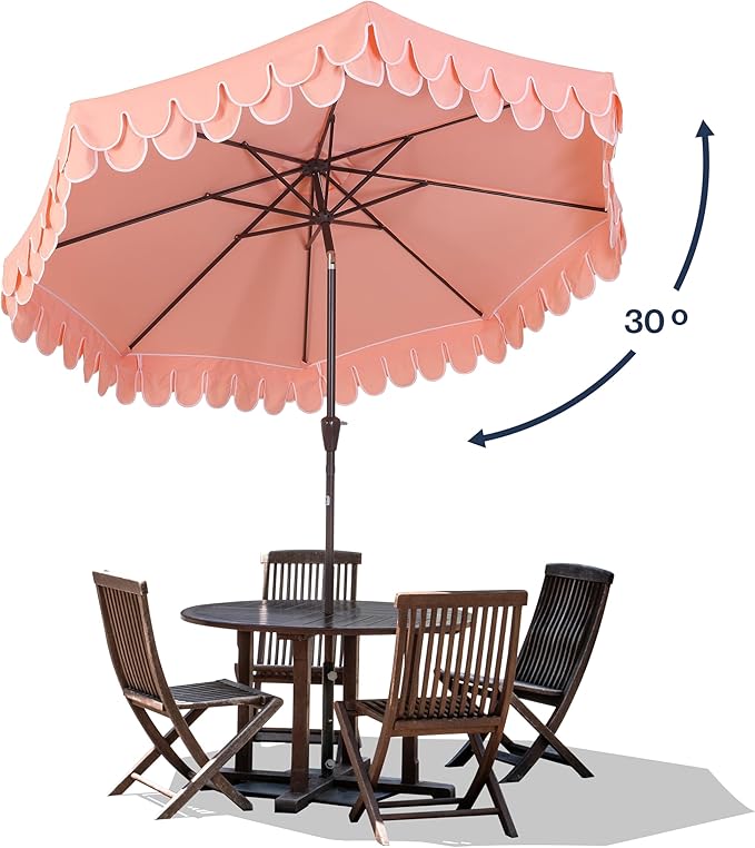JONATHAN Y UMB1002E Tracy 9 ft. Classic MidCentury Scalloped Fringe Market Patio Umbrella with Auto-Tilt, Crank, Wind Vent and UV Protection in Coral Pink/White