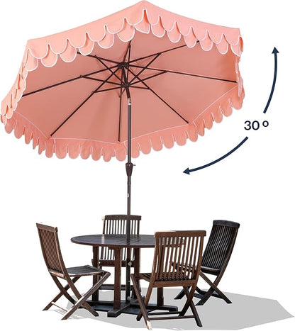 JONATHAN Y UMB1002E Tracy 9 ft. Classic MidCentury Scalloped Fringe Market Patio Umbrella with Auto-Tilt, Crank, Wind Vent and UV Protection in Coral Pink/White