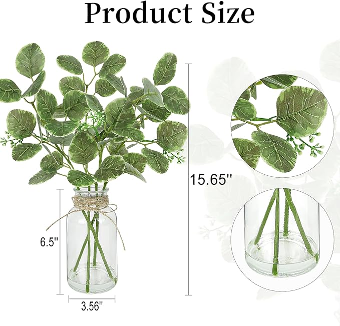 Fake Plants Eucalyptus Stems in Glass Vase with Faux Water, Artificial Plants Eucalyptus Leaves for Shelf Desk Bathroom Farmhouse Home Decor