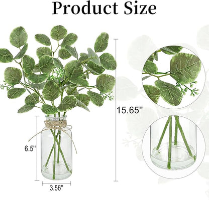 Fake Plants Eucalyptus Stems in Glass Vase with Faux Water, Artificial Plants Eucalyptus Leaves for Shelf Desk Bathroom Farmhouse Home Decor