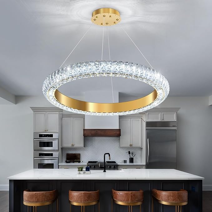 24" Ring Modern LED Dimmable Crystal Chandelier Adjustable Height Pendant Light Round Crystal Chandelier Light Fixtures for Dining Room Living Room Kitchen Island Gold