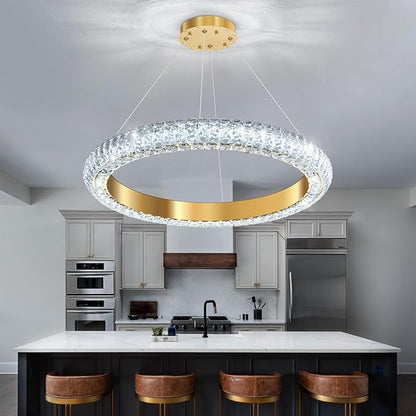 24" Ring Modern LED Dimmable Crystal Chandelier Adjustable Height Pendant Light Round Crystal Chandelier Light Fixtures for Dining Room Living Room Kitchen Island Gold