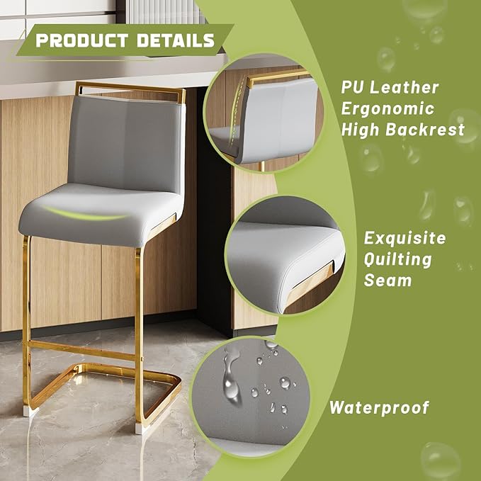 Counter Height Bar Stools Set of 4,Bar Stools with Back,25" Light Grey Island Chairs with Gold Chrome Plated Metal Leg,Faux Leather Barstools for Pub Kitchen Counter Dining Chair