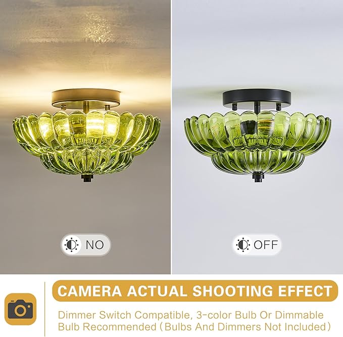 Modern Mid Century Black Semi Flush Mount Ceiling Light Fixture,3 Lights Green Glass Close To Ceiling Lighting Fixtures For Bedroom Hallway Kitchen Foyer Bathroom Closet Laundry Room 11.8 inch