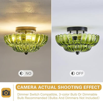 Modern Mid Century Black Semi Flush Mount Ceiling Light Fixture,3 Lights Green Glass Close To Ceiling Lighting Fixtures For Bedroom Hallway Kitchen Foyer Bathroom Closet Laundry Room 11.8 inch