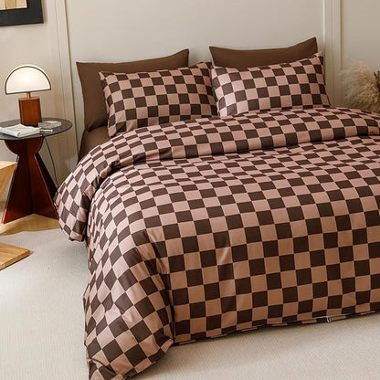 CLOTHKNOW Dark Brown Plaid Comforter Set Queen Grid Bedding Comforter Sets Soft Checkerboard Comforter Geometric Comforter with 2 x Pillow Cases
