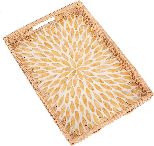 Rectangle Rattan Tray with Mother of Pearl Inlay, Rattan Serving Tray with Handle for Coffee, Bread, Fruits, Snacks, Decorative Wicker Tray for Table Decor (Rectangle Amber Leaf, 13"×9")