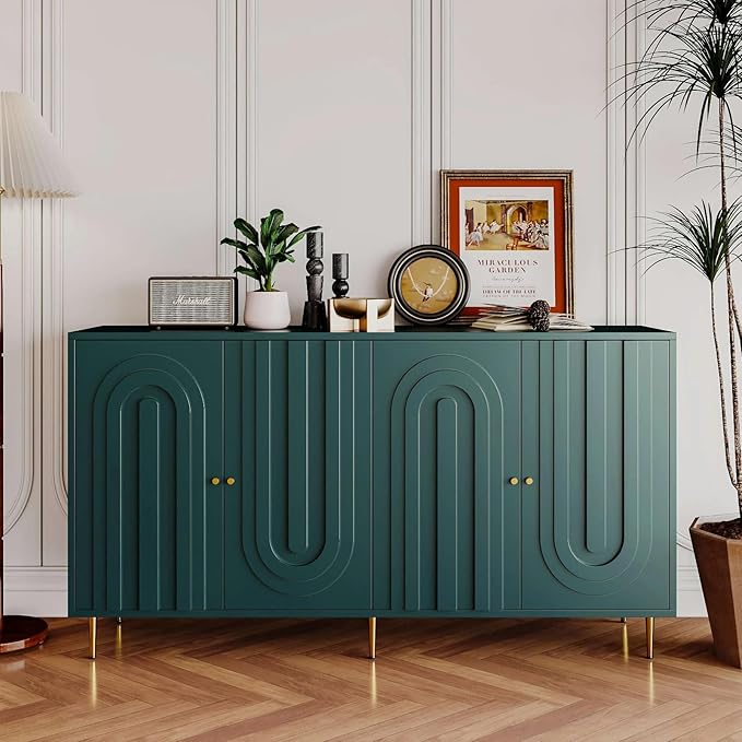 60" Modern Sideboard Buffet Accent Cabinet, Green Entryway Table with Storage Wood Credenzas for Living Room Home Bar, 4 Doors & Adjustable Shelves