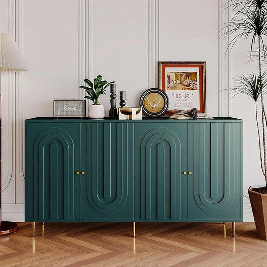 60" Modern Sideboard Buffet Accent Cabinet, Green Entryway Table with Storage Wood Credenzas for Living Room Home Bar, 4 Doors & Adjustable Shelves
