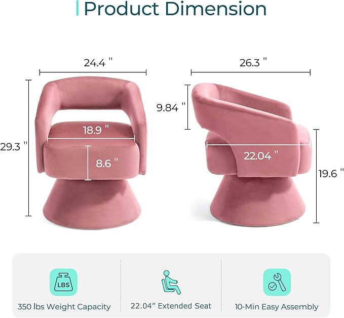 LINSY Swivel Barrel Chair, 360 Modern Swivel Accent Chair Boucle Swivel Chair Round, Pink Velvet Chairs with Arms, Small Barrel Chair for Small Spaces Bedroom Living Room