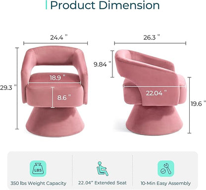 LINSY Swivel Barrel Chair, 360 Modern Swivel Accent Chair Boucle Swivel Chair Round, Pink Velvet Chairs with Arms, Small Barrel Chair for Small Spaces Bedroom Living Room