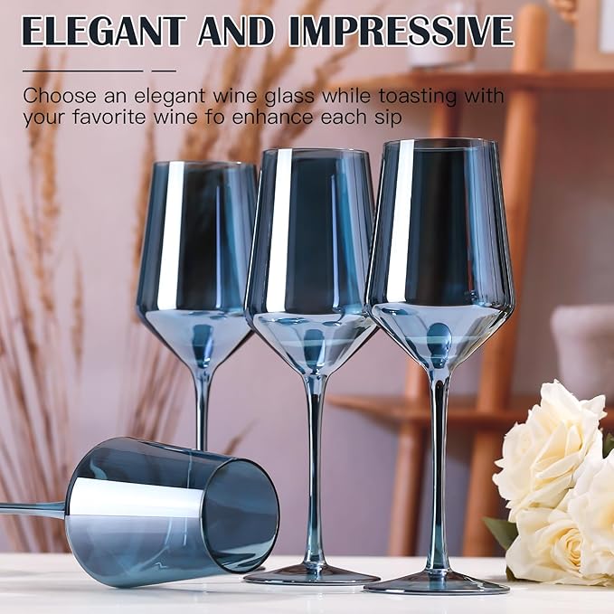 Midnight Blue Wine Glasses Set of 6-15oz Hand Blown Blue Wine Glasses Set for Party Wedding Home Bar