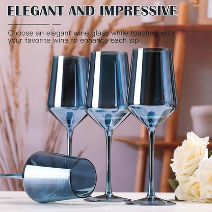Midnight Blue Wine Glasses Set of 6-15oz Hand Blown Blue Wine Glasses Set for Party Wedding Home Bar