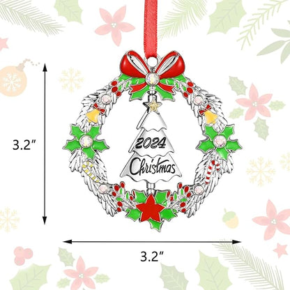 Christmas Ornament 2024 Decoration for Christmas Tree Hanging Metal Christmas Wreath with Rotatable Tree Dated 2024 Shiny Silver Ornaments Holiday Decorative Xmas Gifts for Family Friends