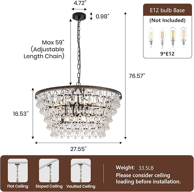 Vintage Crystal Chandeliers for Dining Room Light Fixture, 9-Light 5-Tier Antique Bronze Chandelier for Kitchen Island Bar Living Room Foyer Entryway, D28'' xH17''