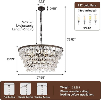 Vintage Crystal Chandeliers for Dining Room Light Fixture, 9-Light 5-Tier Antique Bronze Chandelier for Kitchen Island Bar Living Room Foyer Entryway, D28'' xH17''