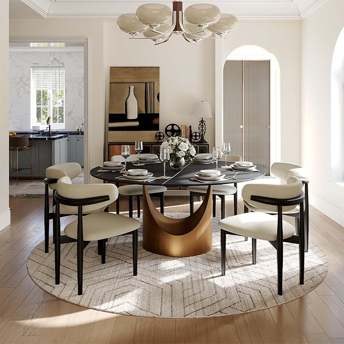 POVISON Round Dining Table for 6, 59" Matte Black Sintered Stone Tabletop Dining Table with Bronze Carbon Steel Pedestal, Modern Dining Room Table for Kitchen, Living Room (Table Only)