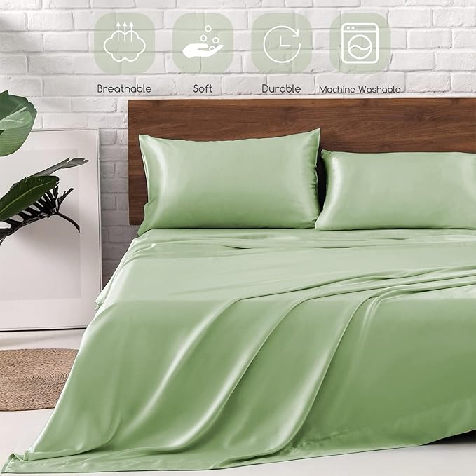 MR&HM Satin Bed Sheets with Elastic Corner Straps, King Size Sheets Set, 4 Pcs Silky Bedding Set with 15 Inches Deep Pocket for Mattress (King, Light Sage)