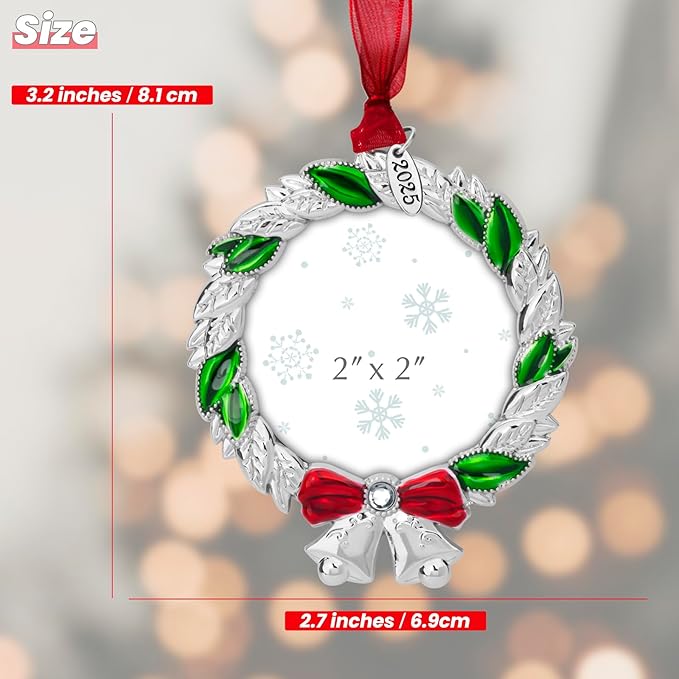 2025 Christmas Ornaments 2 inch Picture Frame Metal Hanging Pendant for Tree Small Decorative Keepsake, Display Photo for Baby and Pet (Wreath (2025))