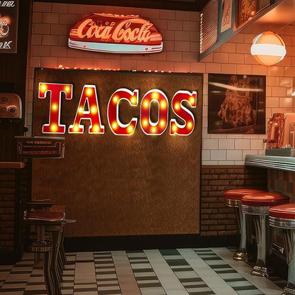 Tacos Light up Letters Sign Party Decorations Battery Powered Marquee Lighted Sign Alphabet LED Letter Lights for Christmas Tacos Bar Themed Party Birthday Home Tabletop Decor Supplies