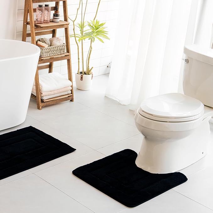GRANNY SAYS Bathroom Toilet Rugs U Shaped, Bath Mats for Bathroom, Shower Room Rugs Non Slip Washable, Absorbent Microfiber Toilet Mat, Soft Plush Shaggy, 20" x 24", Black