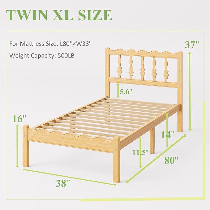 ZIYOO Solid Bamboo Wood Twin XL Bed Frame with Headboard, 14 inch Platform Twin XL Bed Frames No Box Spring Needed with Steel Slats, Sturdy and Stable, Easy Assembly, Noise Free