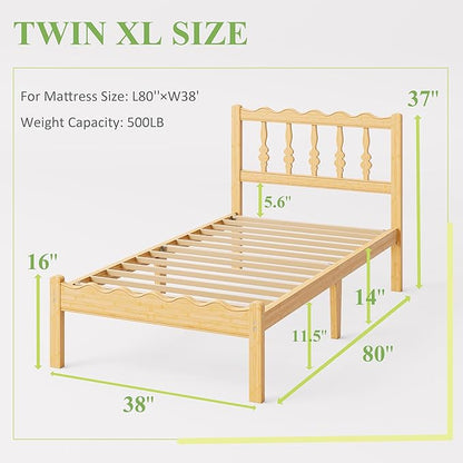 ZIYOO Solid Bamboo Wood Twin XL Bed Frame with Headboard, 14 inch Platform Twin XL Bed Frames No Box Spring Needed with Steel Slats, Sturdy and Stable, Easy Assembly, Noise Free