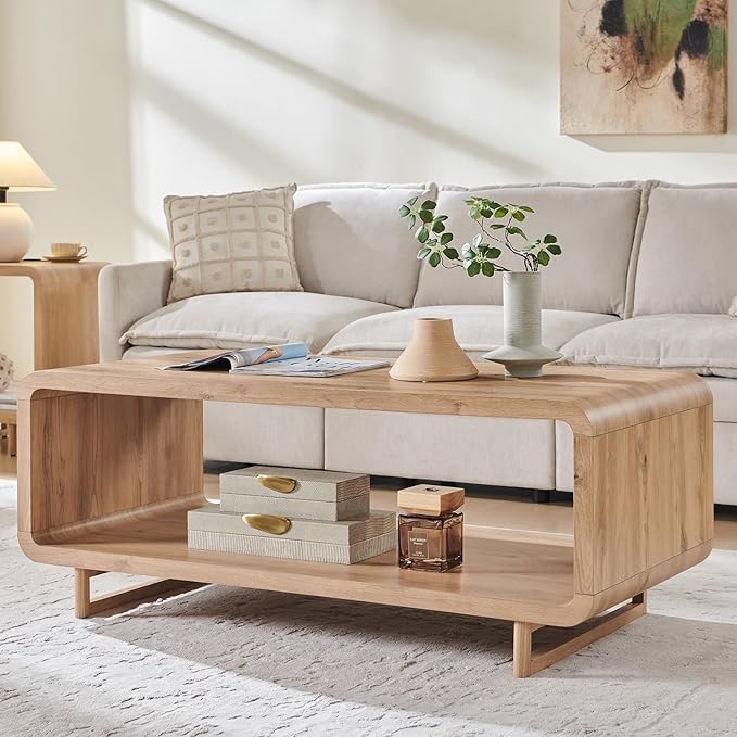 48" Modern Coffee Table, 2-Tier Minimalist Center Table with Storage Shelf, Curved Profile Design, Wooden Rectangular Living Room Table w/Wood Thick Design for Living Room, Office, Natural Oak