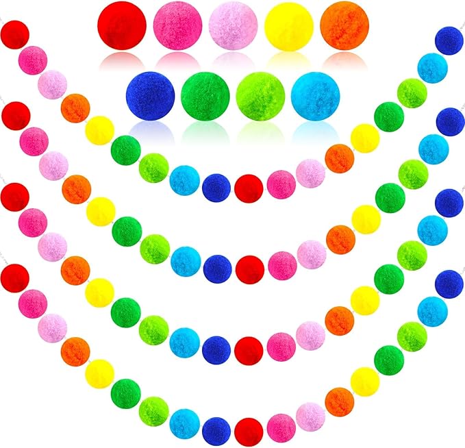 MARFOREVER 4 Pack 26.3 Feet Colorful Christmas Pom Pom Garland Decorations, 30 Balls Rainbow Felt Ball Garland Christmas Garlands Hanging Supplies for Xmas Tree Classroom Birthday Party Wall Decor