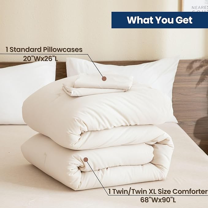 Paxrac Beige Comforter and Pillowcase - Twin/Twin XL Size, Cream 2 Piece Set, Lightweight Neutral Bedding for All Seasons, Soft Breathable - 68x90In Comforter & 1 Pillowcase