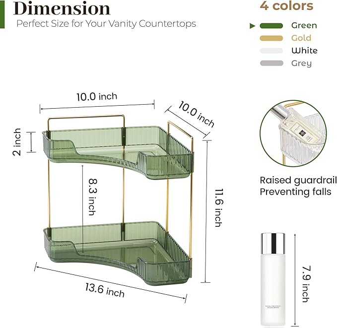 Aveniee Corner Bathroom Counter Organizer, Bathroom Countertop Shelf Makeup Organizer for Vanity Perfume Corner Storage (2 Tiers, Green)