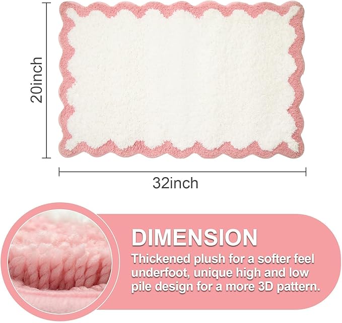 ORTIGIA Scalloped Pink Bathroom Rugs Non Slip Washable, Quick Dry Absorbent Soft Plush Microfiber Bath Mats, Bath Rugs for Bathroom Floor for Sink Bedroom, Pink and White, 20x32