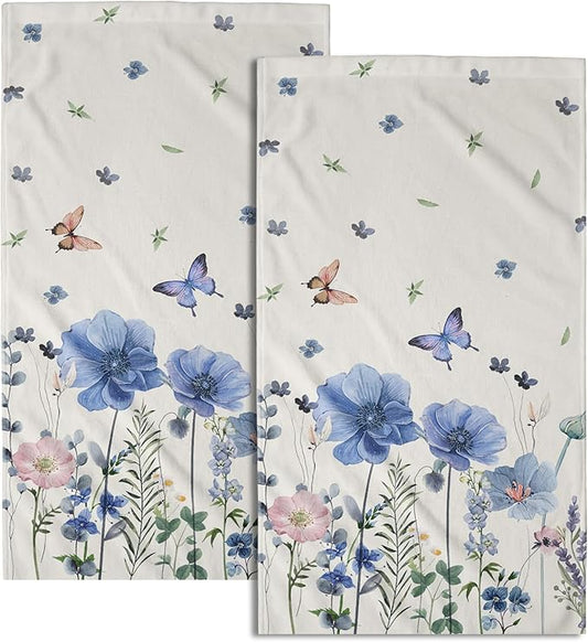 Spring Kitchen Towels Wild Flowers Set of 2 Butterfly Floral Absorbent for Home Gym Spa Blue