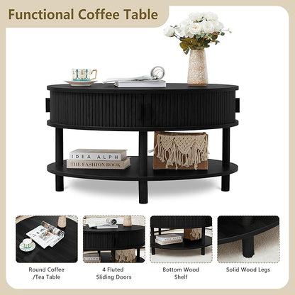 31.5” Round Coffee Table with Storage, Mid Century Modern 2 Tier Coffee Table with Tambour Sliding Door, Solid Wood Legs Fluted Center Table for Living Room Home Office Small Space, Black
