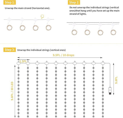 Curtain Lights, 300 LED Dimmable Fairy Lights with Remote and Timer, 8 Modes, USB Powered String Lights for Room Wall Party Xmas Indoor Decor, Warm White, 2 Pack