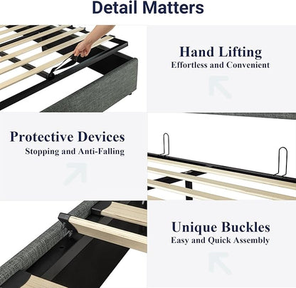 Allewie King Size Lift Up Storage Bed, Modern Wingback Headboard, Hydraulic Support, No Box Spring Needed, Dark Grey