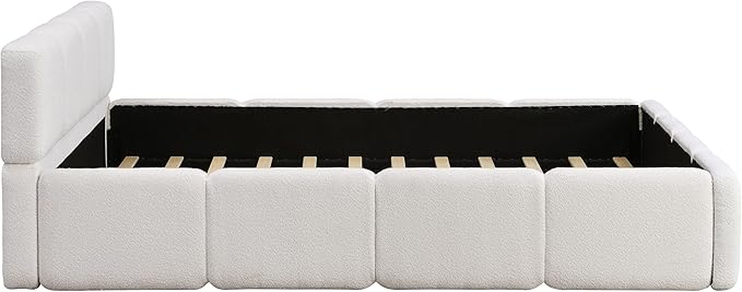 Christopher Knight Home Hazel Queen Size Platform Bed, Boucle Thick Headboard and Footboard, Upholstery Grounded Beds, Block Style, Wood Slat Panel Support, No Spring Box Needed, Easy Assembly, White