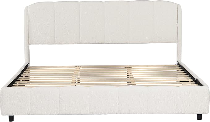 King Size Bed Frame, Upholstered Cloud Boucle Platform Beds Frames with Headboard, Anti-Collision Soft Rounded Corners Footboard, No Box Spring Required, Easy Assembly (43" Beige, King)