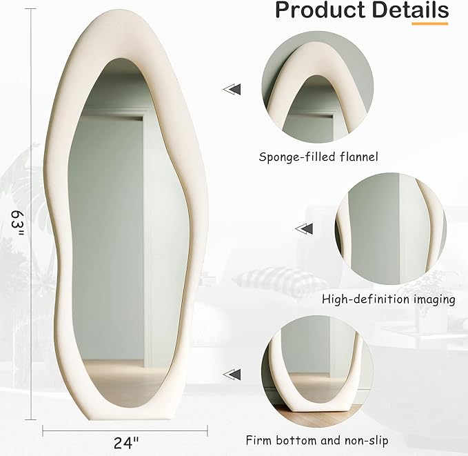 Honyee Full Length Mirror, 63" x 24" Wall Mirror, Flannel Wrapped Wooden Frame Full Body Mirror, Irregular Wavy Mirror Hanging or Leaning Against Wall for Cloakroom/Bedroom/Living Room, Ivory White