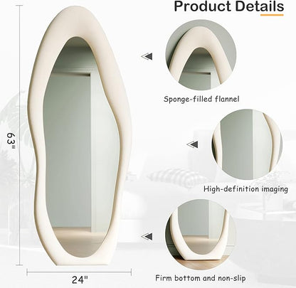 Honyee Full Length Mirror, 63" x 24" Wall Mirror, Flannel Wrapped Wooden Frame Full Body Mirror, Irregular Wavy Mirror Hanging or Leaning Against Wall for Cloakroom/Bedroom/Living Room, Ivory White