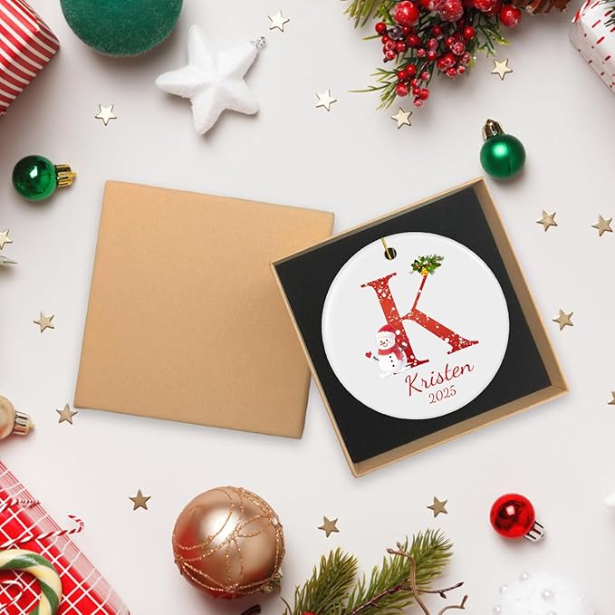 Personalized Letter Name Christmas Ornament 2025, Custom Ceramic Ornaments with Initial Name Monogram, Hanging Ornament for Xmas Tree Decorations, Gift for Family Friends