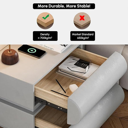 homary Smart Nightstand Modern Light Gray Leather Nightstands with Wireless Charger Bedside Table with 2 Drawers for Bedrooms Living Rooms Offices 19.7" W x 15.7" D x 15.7" H (Light Gray 2 Drawers)