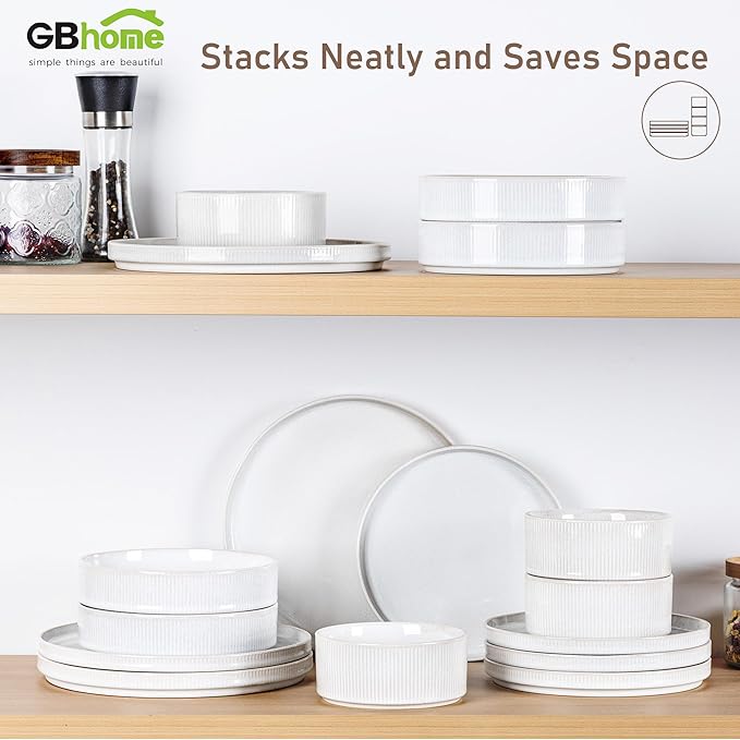 GBHOME Stoneware Dinnerware Sets for 4, Round Reactive Glaze Ceramic Plates and Bowls Set, Highly Scratch Resistant | Dishwasher & Microwave Safe ，Service for 4(12Pcs)