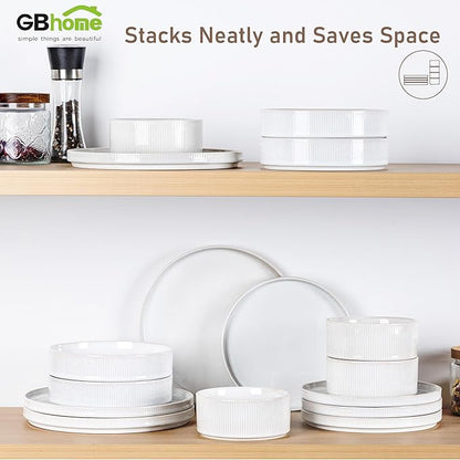 GBHOME Stoneware Dinnerware Sets for 4, Round Reactive Glaze Ceramic Plates and Bowls Set, Highly Scratch Resistant | Dishwasher & Microwave Safe ，Service for 4(12Pcs)