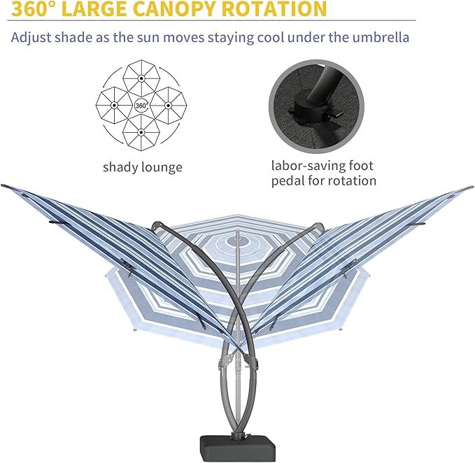 Kingdura 11ft Offset Cantilever Patio Umbrella with Base Included, Large Round Aluminum Outdoor Umbrella with 100% Acrylic Fabric, 360° Rotation & Infinite Tilt for Deck Pool Backyard, Blue Stripes