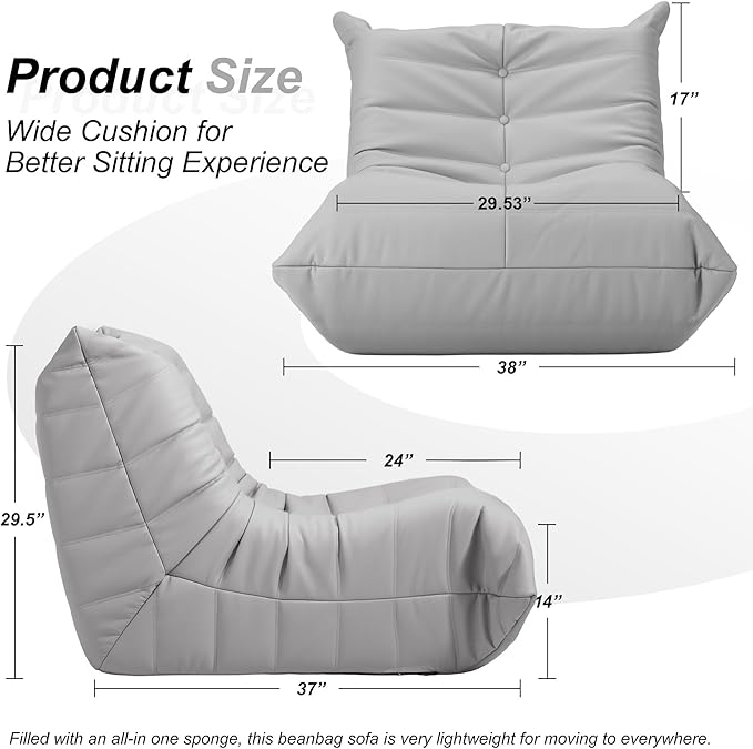 Hobestluk Giant Bean Bag Chair Lazy Floor Sofa, Fireside Sofa for Adults, Big Beanbag Faux Leather Armless Chair for Living Room Bedroom Dorm Office (Light Grey, Single)