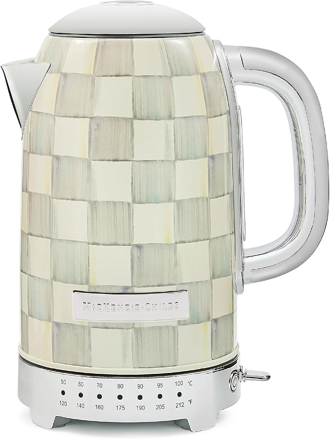 MACKENZIE-CHILDS Electric Kettle, Stainless-Steel Appliances Kettle, Gray-and-White Sterling Check