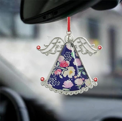 XUTAI Angel Christmas Tree Ornaments Christmas Ornament Gorgeous Watercolor Pink Flowers Glass Christmas Hanging Angel Glass Pendant for Holiday Decoration
