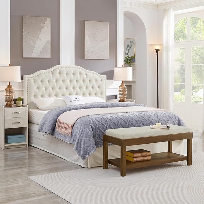 24KF Large Rectangular Storage Bench,Upholstered Seat Cushion,Ottoman Coffee Table with Ivory Removable Cushion for Living Room,Entryway Bench Bed Bench with Solid Wood Shelf,5069-Ivory